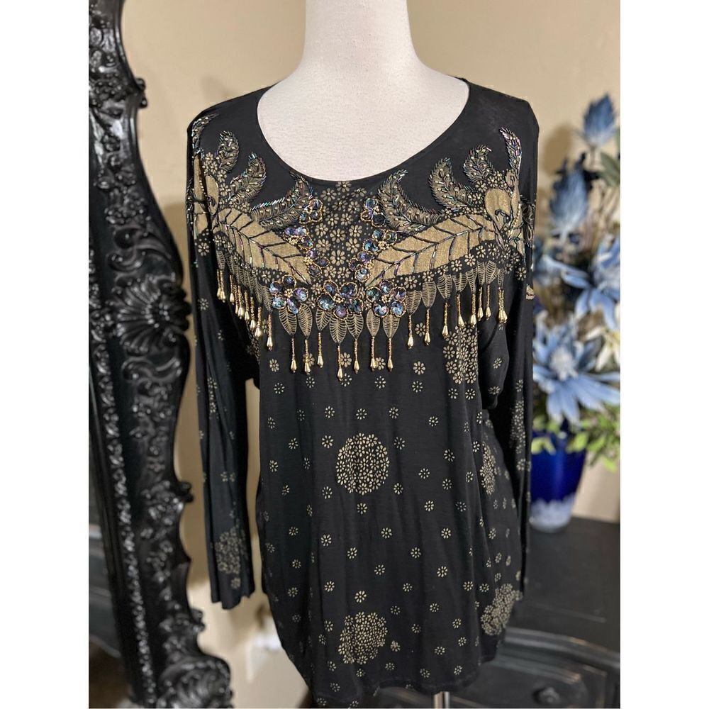 Bali Chic Long Sleeve Embellished Pullover Shirt, Blouse Size One Size
